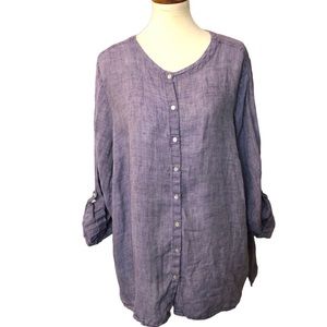 Tahari linen roll tab sleeve button down chambray blouse
